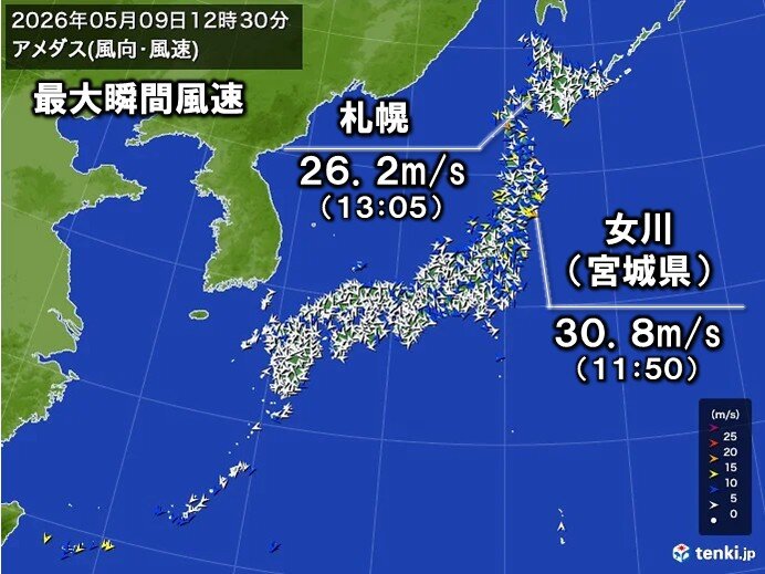 札幌で最大瞬間風速26.2メートル 北日本は9日夕方まで転倒するほどの強風に注意