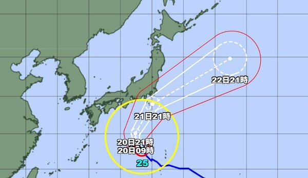 【台風情報】大型で強い台風25号の進路予想 19日午後9時現在、日本の南にあって毎時25キロで北北西へ 中心気圧970ヘクトパスカル、中心付近の最大風速35メートル、最大瞬間風速50メートル