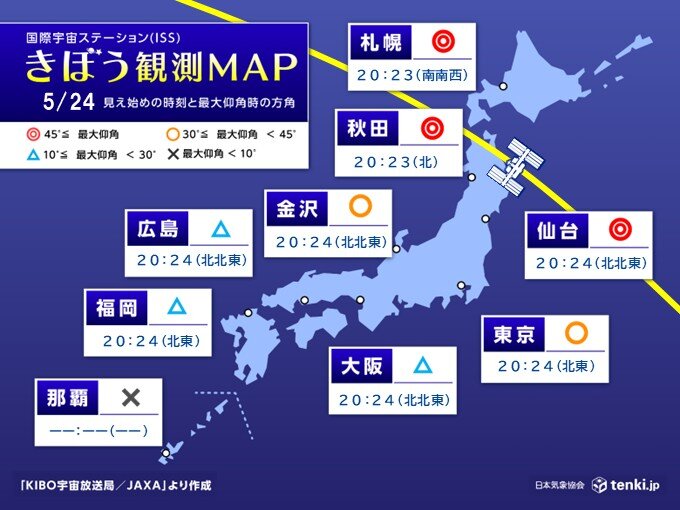 今夜(24日) 国際宇宙ステーション「きぼう」が日本上空を通過 見られる所は?