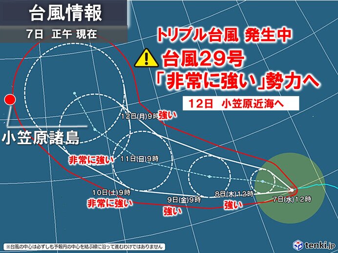 トリプル台風 29号は「非常に強い」勢力へ 12日は「強い」勢力で小笠原近海へ