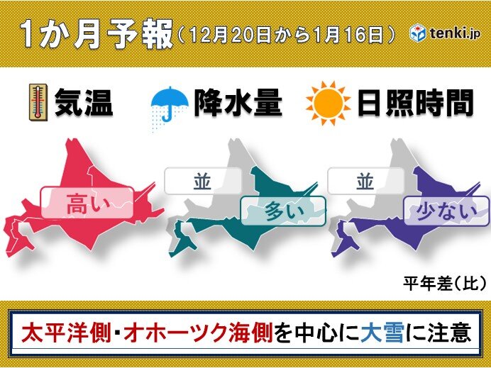 北海道 年内は雨が主体 年明けは厳しい寒さが戻り大雪も 最新の1か月予報