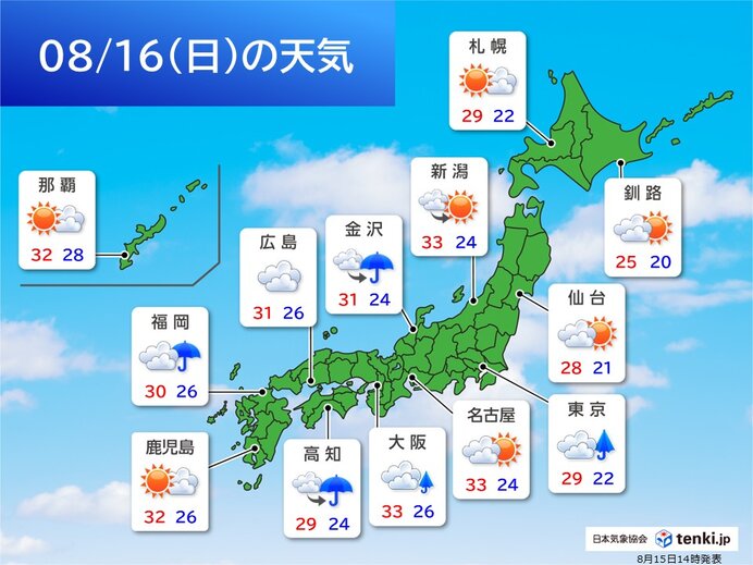 明日16日(日)全国の天気 東日本や西日本 日差し少ない分しのぎやすい