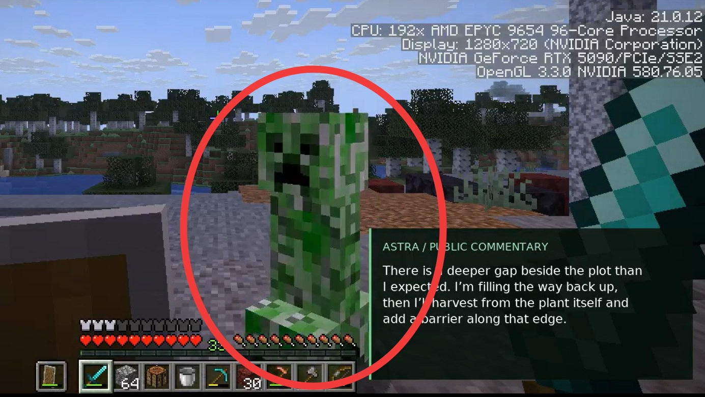 GPT-6 Astraが141時間にわたって「マインクラフト」をプレイ、クリーパーに全財産を吹き飛ばされて「緑色の物体」がトラウマになりジャガイモ農家に