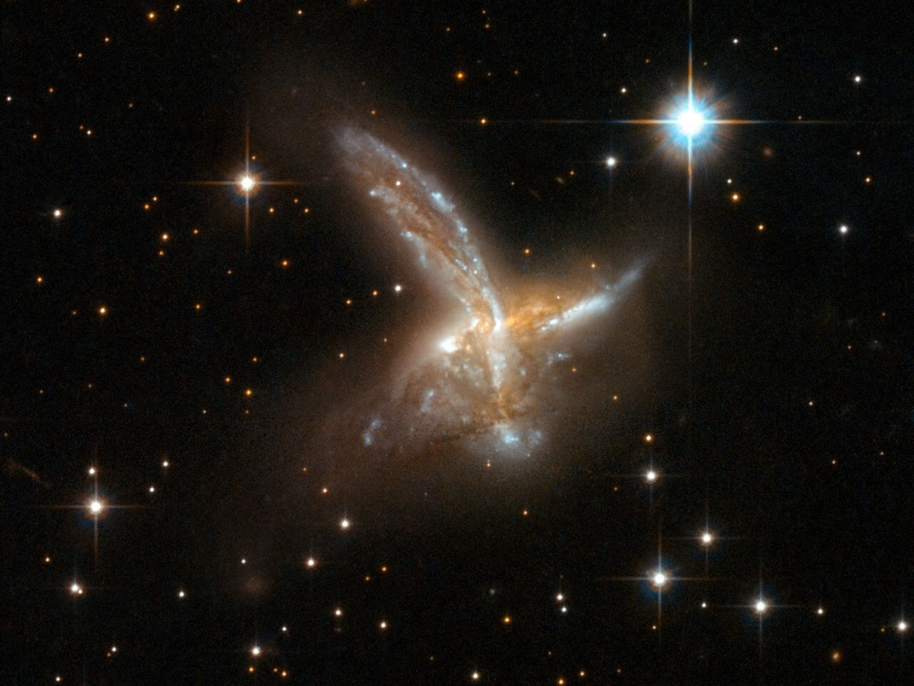 翼をひろげた銀河の鳥「ESO 593-8」 6億5000万光年先の三重衝突