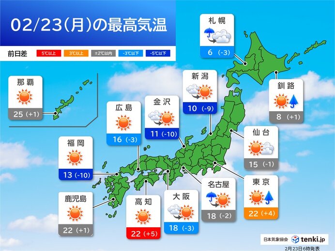 2月23日(月)の天気予報 北海道は暴風や高波に警戒