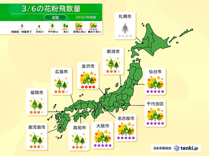 明日6日は東北南部や関東、東海、近畿でスギ花粉が「極めて多い」 ピークはいつまで