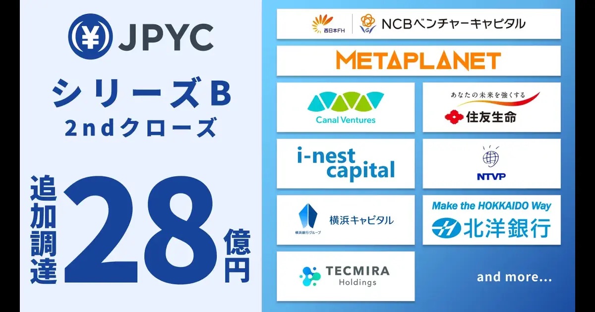 円ステーブルコイン「JPYC」が28億円追加調達、メタプラネットや住友生命なども参加