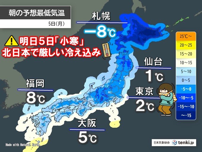 明日5日は「小寒」は寒の入りらしい冷え込みに ヒートショックに注意