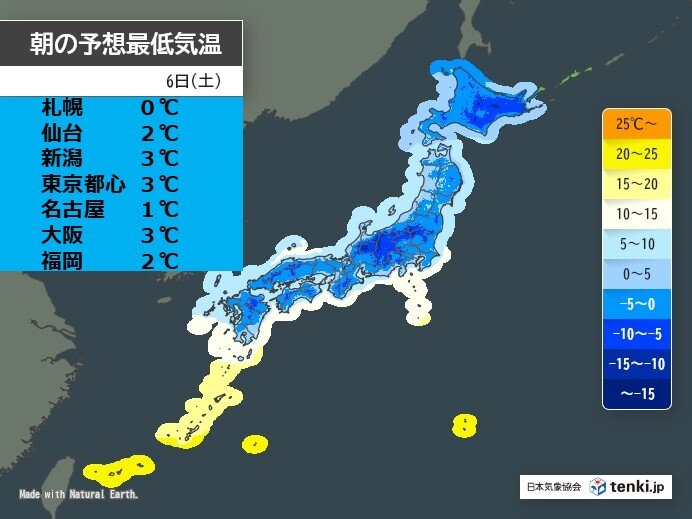 6日朝は東京都心で3℃予想 福岡は今季一番の冷え込みに ヒートショックに注意
