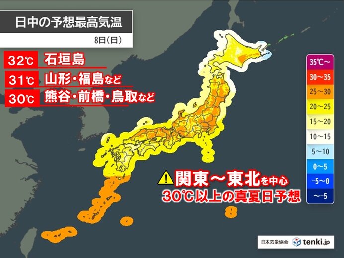7日は約半月ぶりに真夏日100地点超え 明日8日も関東や東北で30℃以上