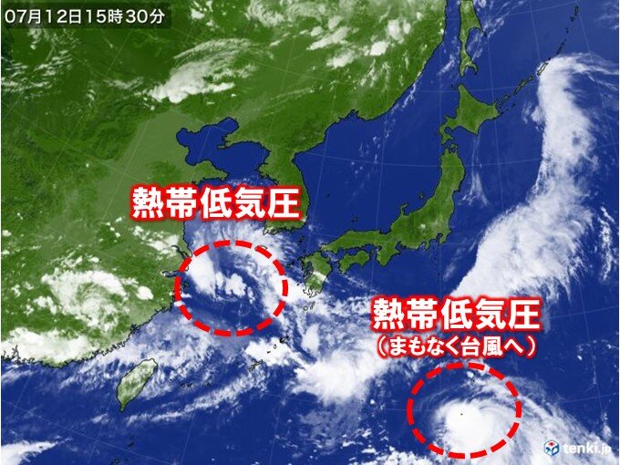 明日13日は西日本で激しい雨 土砂災害など警戒 ダブル熱帯低気圧の動きは?
