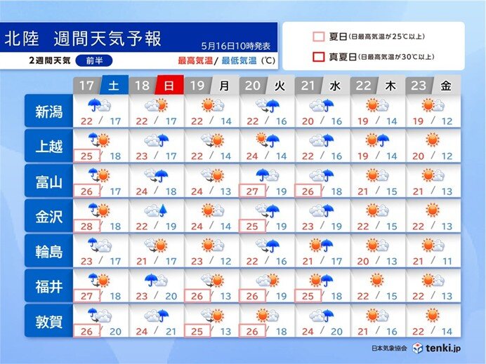 17日は石川県能登で警報級大雨のおそれ 梅雨のはしりのような天気 北陸2週間天気