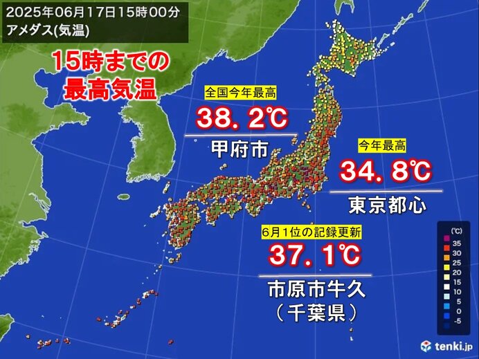 今日17日 6月として記録的な暑さ 真夏日・猛暑日地点は今年最多 今夜もムシムシ