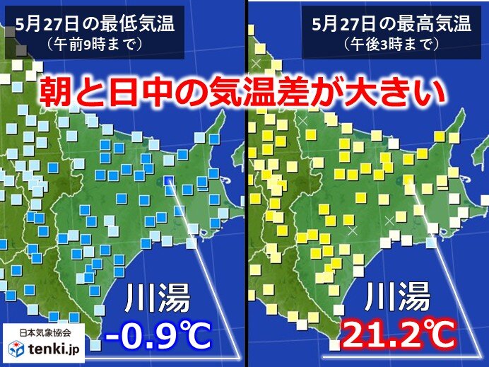 今日27日 朝はマイナス 日中は20℃ 気温差の大きい道内 今週末は雨予想
