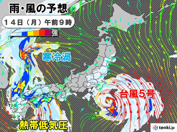 明日14日 関東・東北に台風接近 西日本は別の低気圧の影響で警報級大雨に警戒