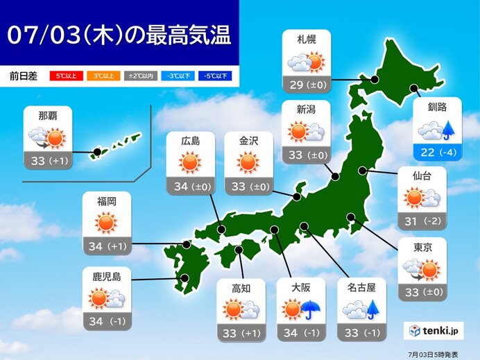 3日も猛烈な暑さと天気急変 滝のような非常に激しい雨の所も 空模様の変化に注意