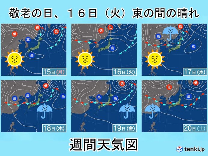 連休最終日15日(月)と16日(火)は広く貴重な日差し届く この先の天気は