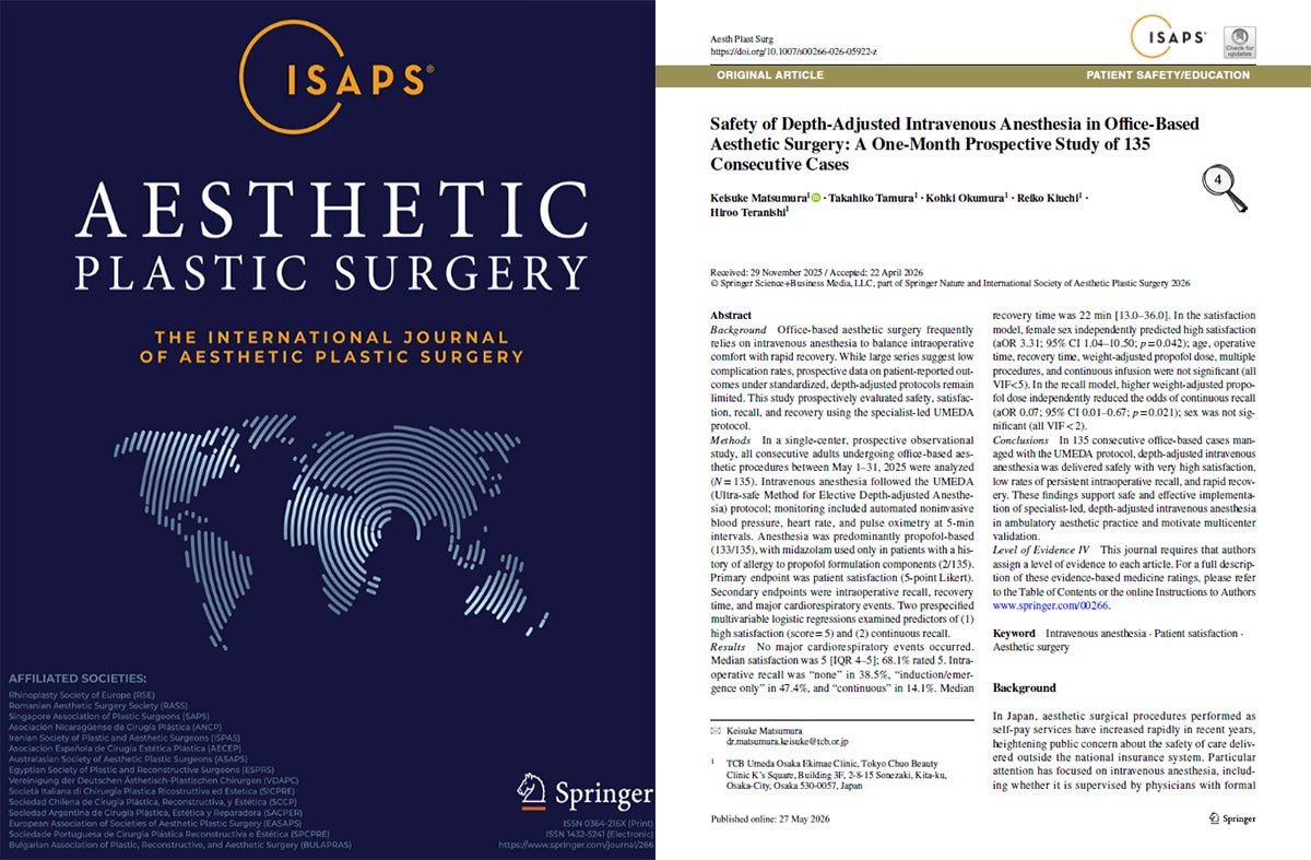TCB松村圭祐医師らの美容外科領域における静脈麻酔に関する論文が「Aesthetic Plastic Surgery」に掲載。 前向き研究で「高満足・低い術中記憶・迅速回復」を確認。