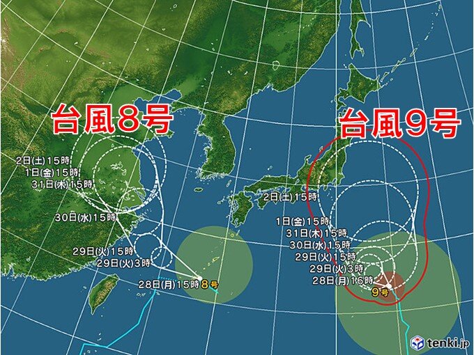 W台風が日本列島に影響 9号は8月はじめに関東接近の恐れ 8号は沖縄通過後も注意