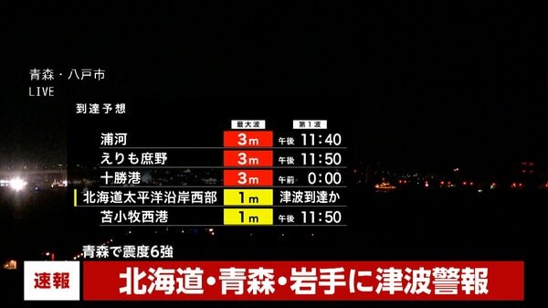 【速報】青森県太平洋沿岸は3メートルの津波が予想 今すぐ逃げてください