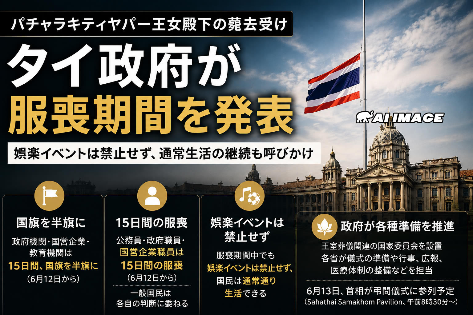 タイ政府、王女殿下の服喪期間を発表 娯楽イベントは禁止せず通常生活の継続呼びかけ