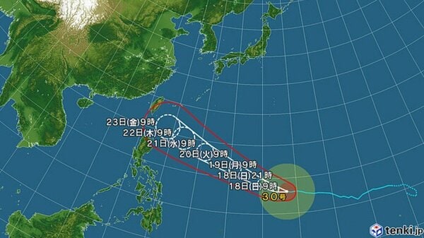 【台風情報】台風30号の進路予想 18日(日)夜から「猛烈な」勢力となる見込み 23日(金)は「非常に強い」勢力で沖縄の南へ進む見通し この頃の中心気圧は935hPa、最大瞬間風速は70m