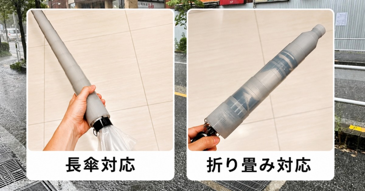 梅雨の電車ストレスが激減。ダイソーの220円「伸縮傘カバー」は長傘も折り畳みもこなす万能選手だった