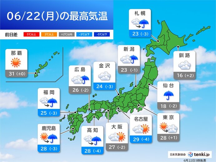 東北は大雨に注意 関東～九州も雨の降る時間あり 今日6月22日(月)の天気