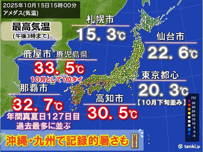 今日15日 沖縄や九州で異例の暑さ続く 一方、関東は曇りで肌寒く 来週は秋深まる