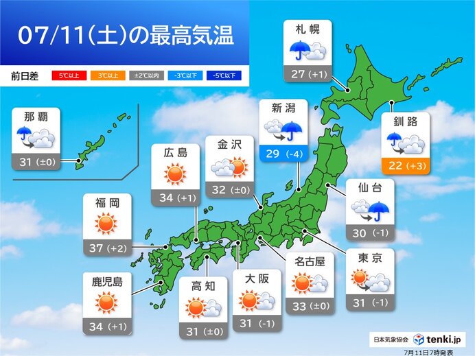関東以西は広く30℃超 九州では38℃予想も 熱中症対策を 今日7月11日(土)