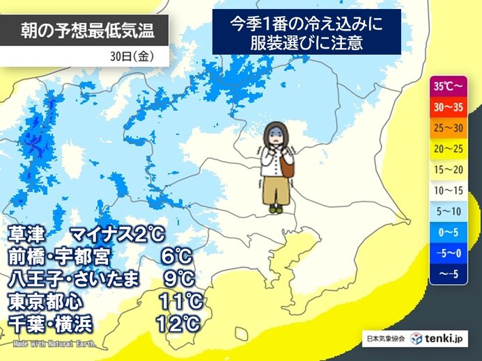 関東 明日29日朝は東京都心などで今季1番の冷え込みに 内陸では氷点下の所も