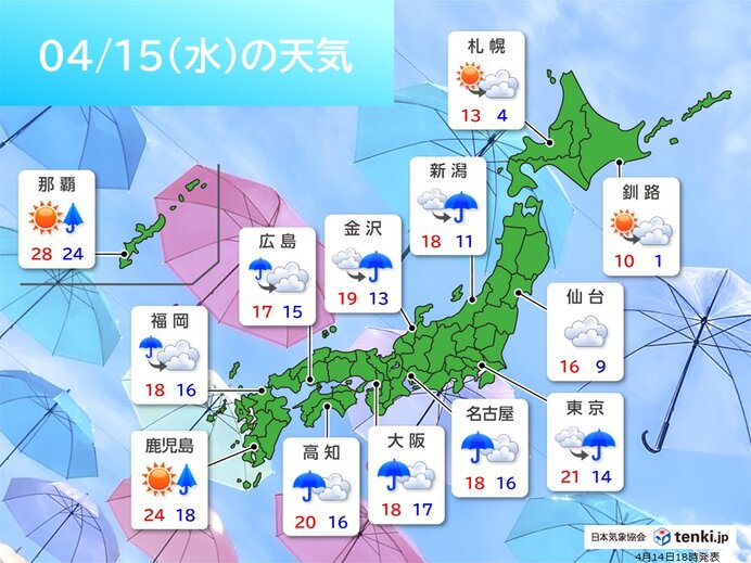明日15日は西日本～東日本へ雨エリア拡大 関東は夕方から傘の出番