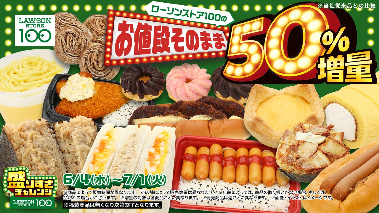 ローソンの大人気企画「盛りすぎチャレンジ」と連動 お値段そのまま約５０％増量 ローソンストア100「盛りすぎチャレンジ」