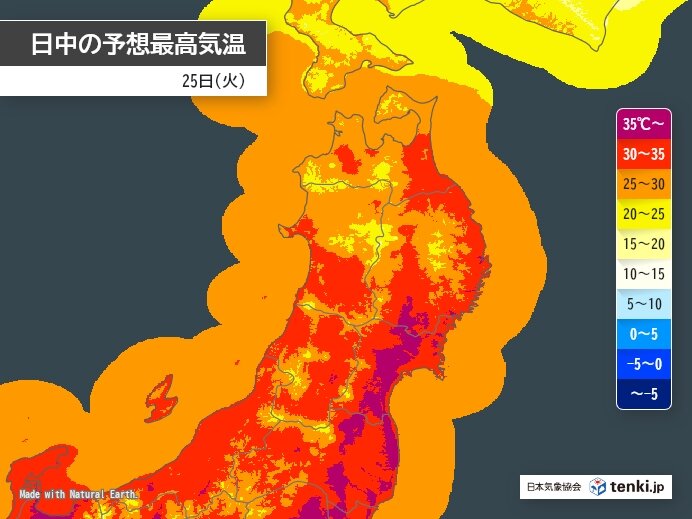 明日25日の東北 宮城・福島は35℃超の危険な暑さ 日本海側は大雨に