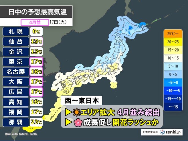 17日は広く4月並みの陽気 桜開花へ急加速 22日頃からかなりの高温に