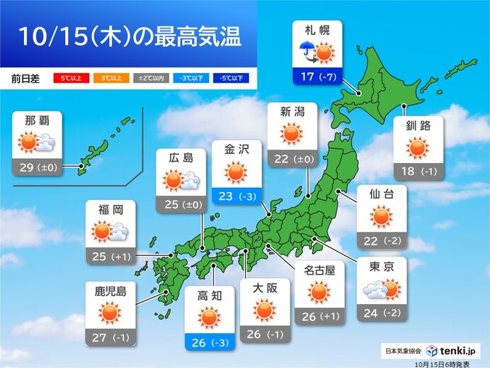 関東～九州は秋晴れ 北海道や東北は所々で雷雨 暴風に警戒 今日15日(木)の天気