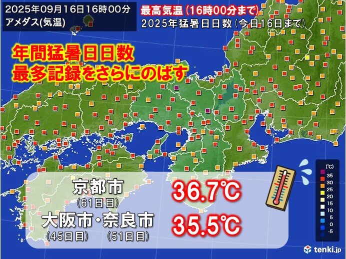 今日16日は京都で今年61日目の猛暑日 近畿は来週にかけてようやく季節が前進