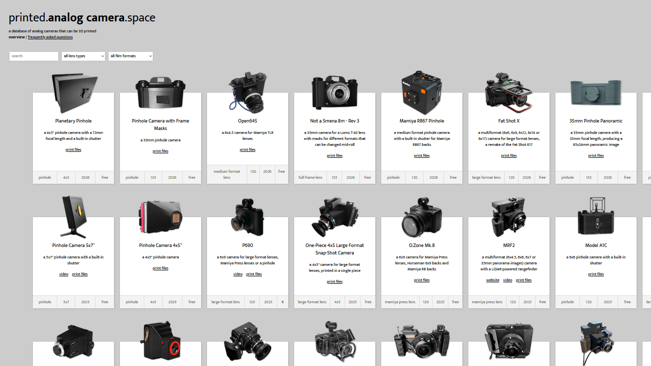 3Dプリンターで作れるフィルムカメラの一覧サイト「printed.analog camera.space」
