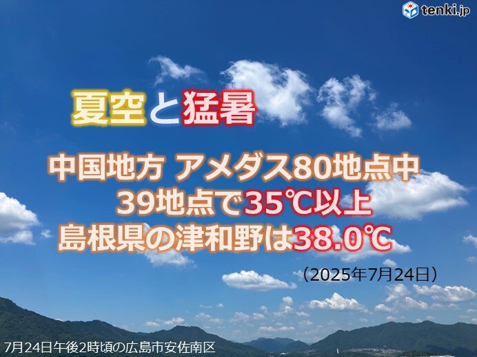夏空と猛暑 中国地方は向こう一週間もまとまった雨なく猛烈な暑さが続く