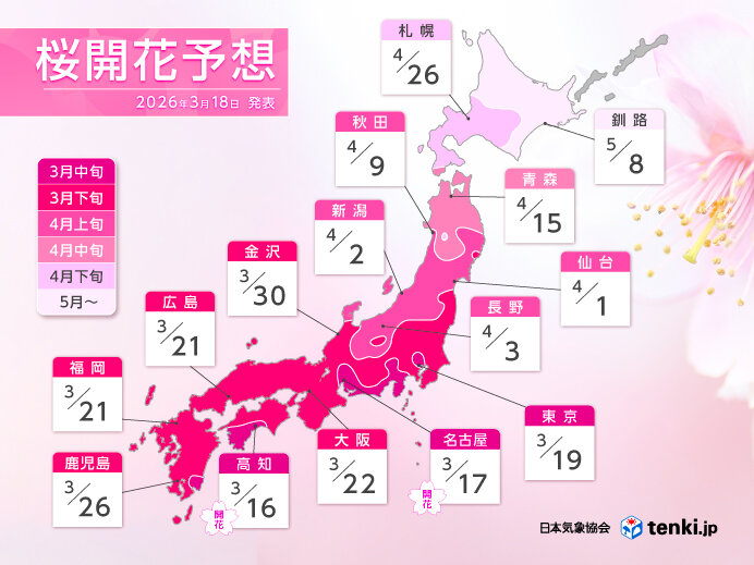最新の桜開花・満開予想2026 東京は明日19日に開花 大阪22日 満開は