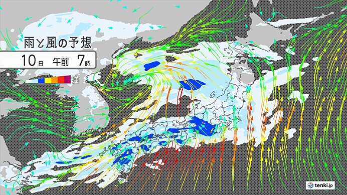 今日9日夜は関東～九州で雨 明日10日は雨や風が強まり荒天に 非常に激しい雨も