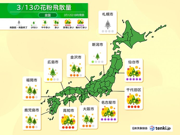 今日13日(金) 太平洋側を中心に花粉が大量飛散 名古屋・仙台など極めて多い所も