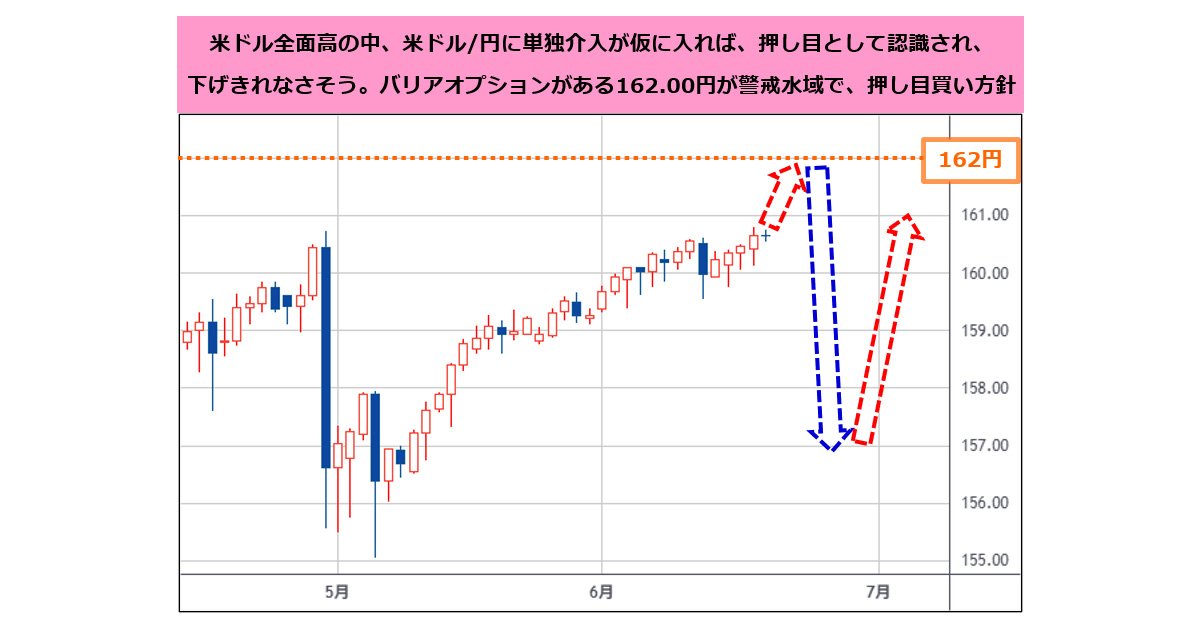 米ドル/円は162.00円のバリアオプションが介入警戒水域だが、押し目買い！ 「米国例外主義」トレード復活による米ドル高継続で、介入は米ドルの押し目と認識されそう