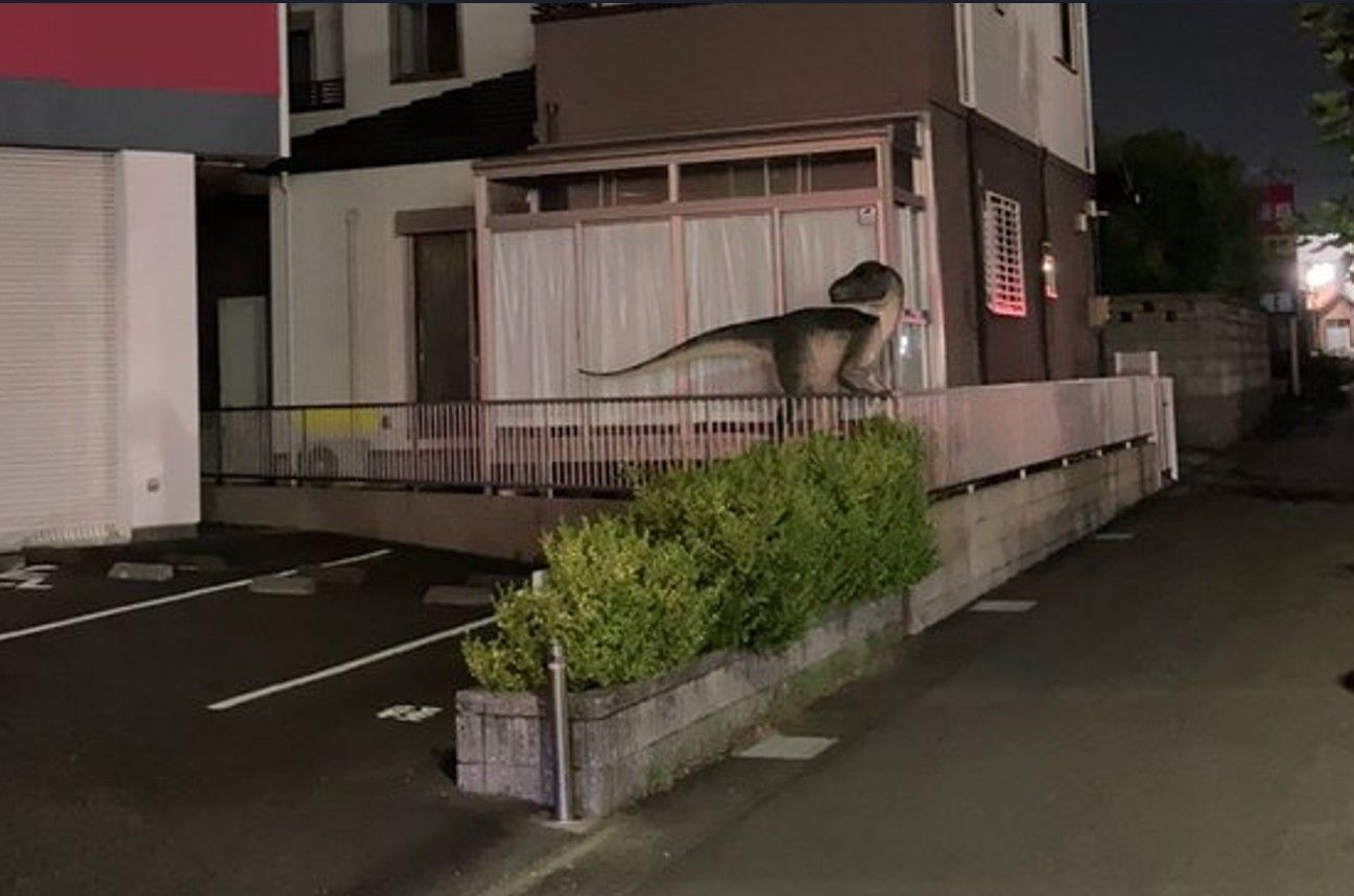 深夜の職質で住所を答えると→警察官「お家の恐竜って……？」 全長2ｍの恐竜、すっかり近所の人気ものに