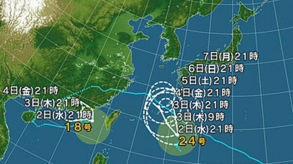 【台風情報】ダブル台風の進路予想 台風24号は3日午後9時には奄美市の南西約120キロに達する予報 台風18号は南シナ海をゆっくり東北東へ