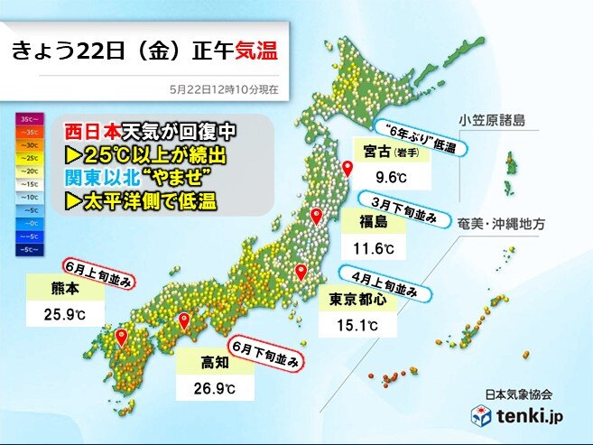 列島で激しい気温差 東京4月並み 19日に初猛暑日の福島市は"やませ"で3月並み