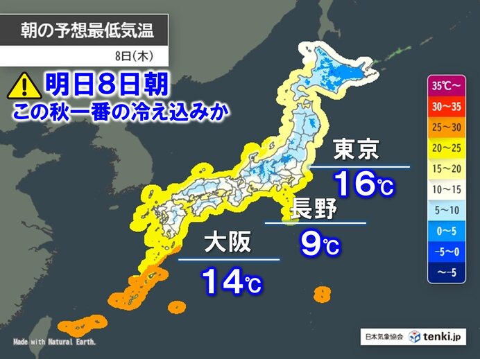 明日8日朝はこの秋一番の冷え込みか 東京16℃・長野9℃予想 昼間との寒暖差大