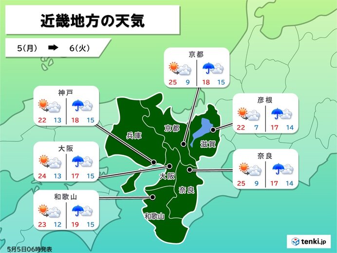 今日5日も近畿は行楽日和 紫外線に注意 明日6日は雨 雷を伴って雨脚強まる所も