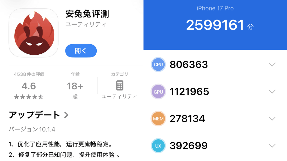 CPU・GPU・メモリ・ユーザー体験などスマートフォンの総合的な性能を数値化して測定できるベンチマークアプリ「Antutu Benchmark」iOS版の使い方まとめ