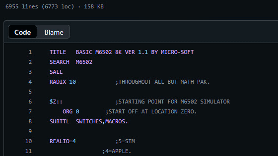 ビル・ゲイツが書いた48年前の「6502 BASIC」のソースコードをMicrosoftがオープンソース化